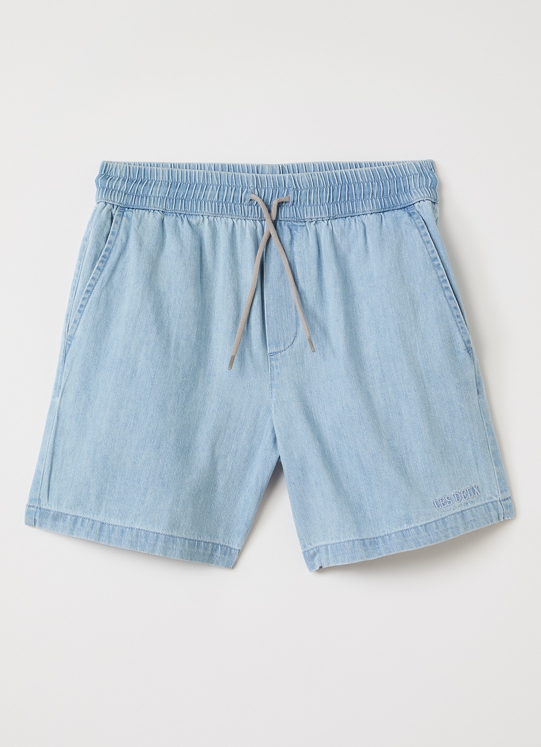 Les Deux Lawson straight fit korte broek van chambray - voorkant 2 staalblauw