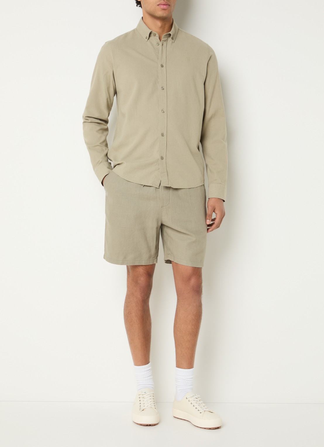 Les Deux Otto straight fit korte broek in linnenblend - voorkant 4 khaki