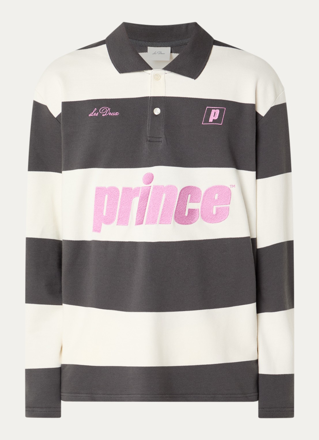 Les Deux Prince oversized fit polo met borduring en streepprint - voorkant 3 middengrijs