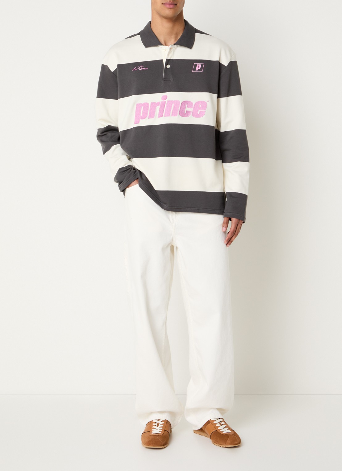 Les Deux Prince oversized fit polo met borduring en streepprint - voorkant 4 middengrijs