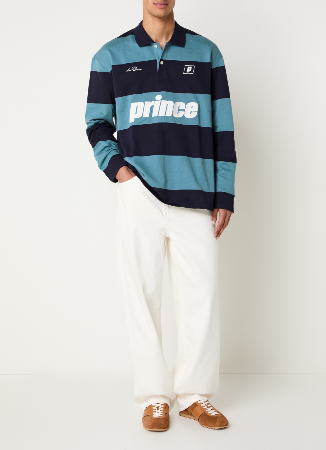 Les Deux Prince oversized fit polo met borduring en streepprint - voorkant 3 donkerblauw