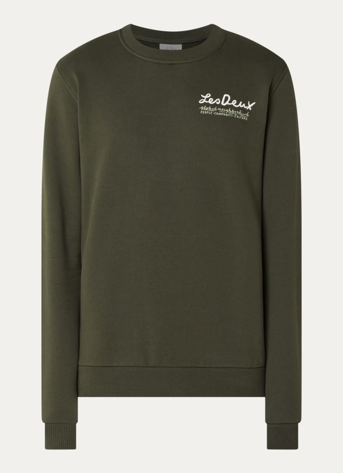 Les Deux Rural sweater met logoborduring en backprint - voorkant legergroen
