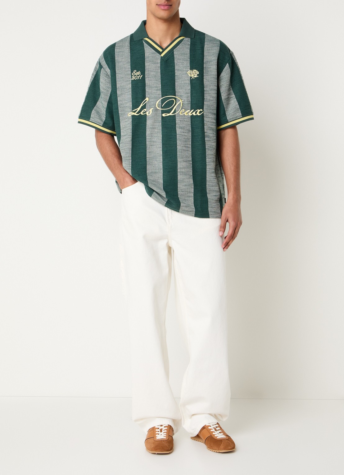 Les Deux Stripe Football oversized fit polo met streepprint en borduring - voorkant 3 groen