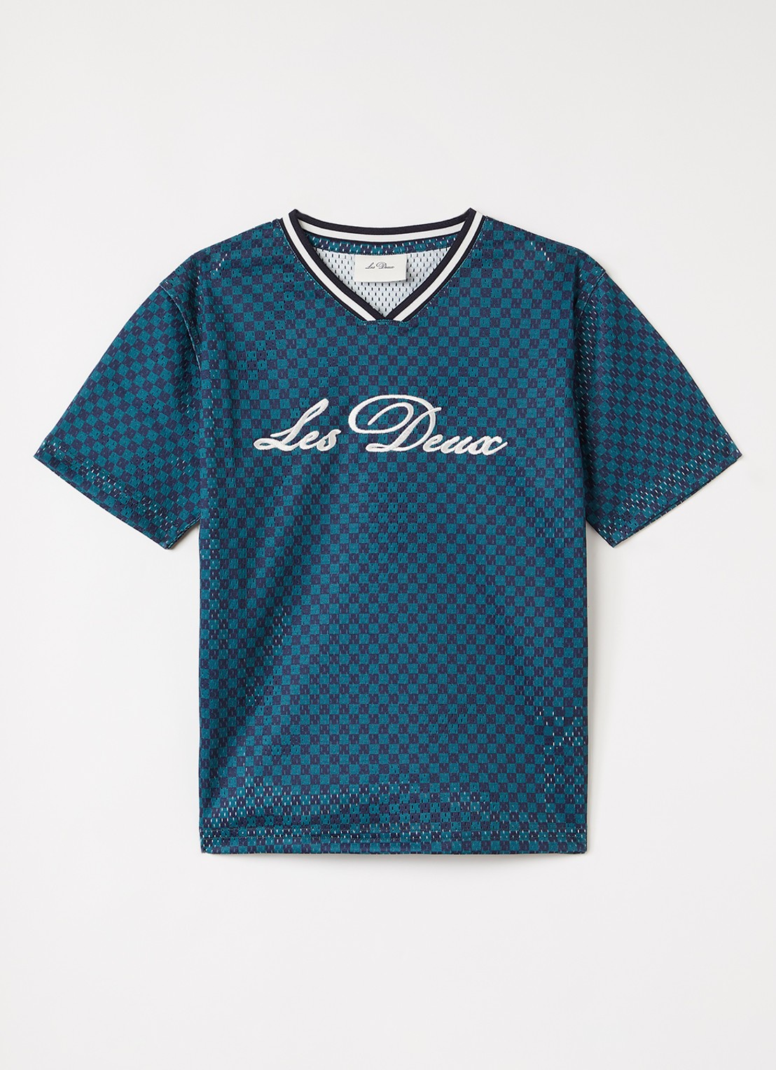 Les Deux T-shirt van mesh met ruitdessin en logoborduring - voorkant groen
