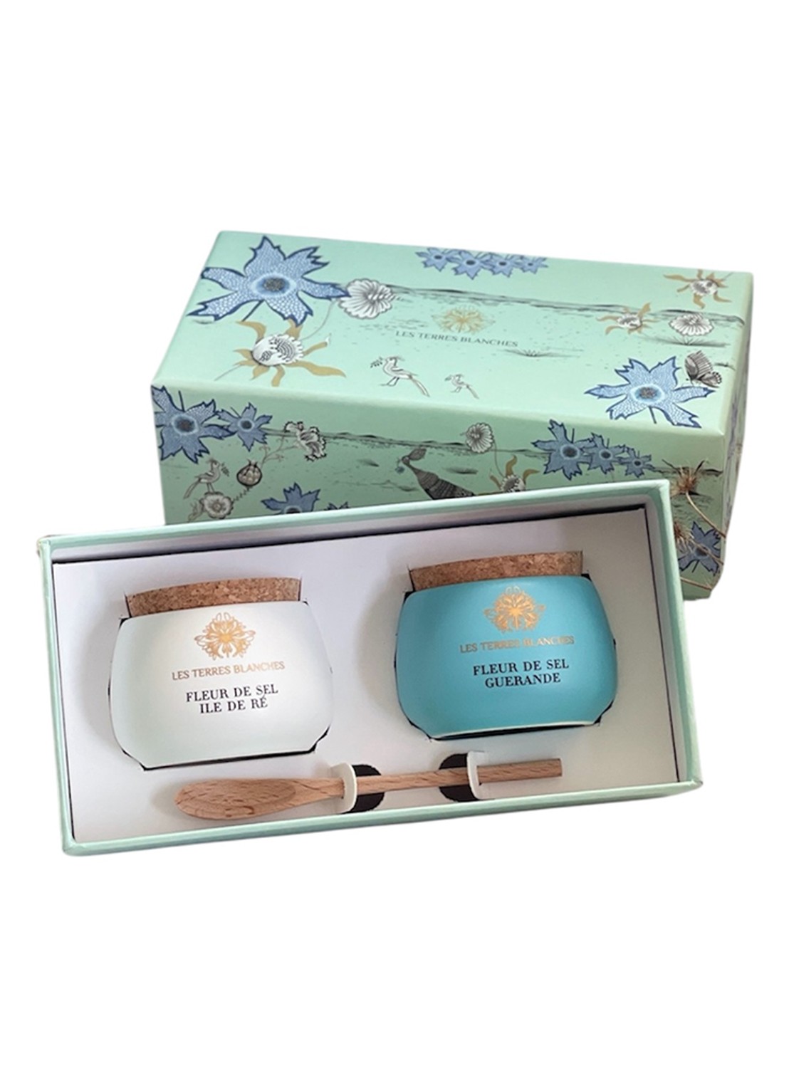 Les Terres Blanches  Fleur de Sel Ile de Ré en Fleur de Sel Guérande zeezoutvlokken in geschenkverpakking 2 x 50 gram - voorkant undefined
