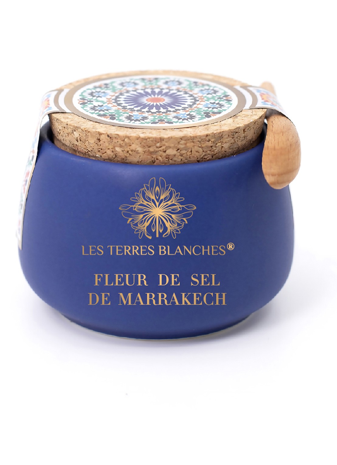 Les Terres Blanches Fleur de Sel Marrakech zeezoutvlokken met lepel 100 gram - voorkant undefined