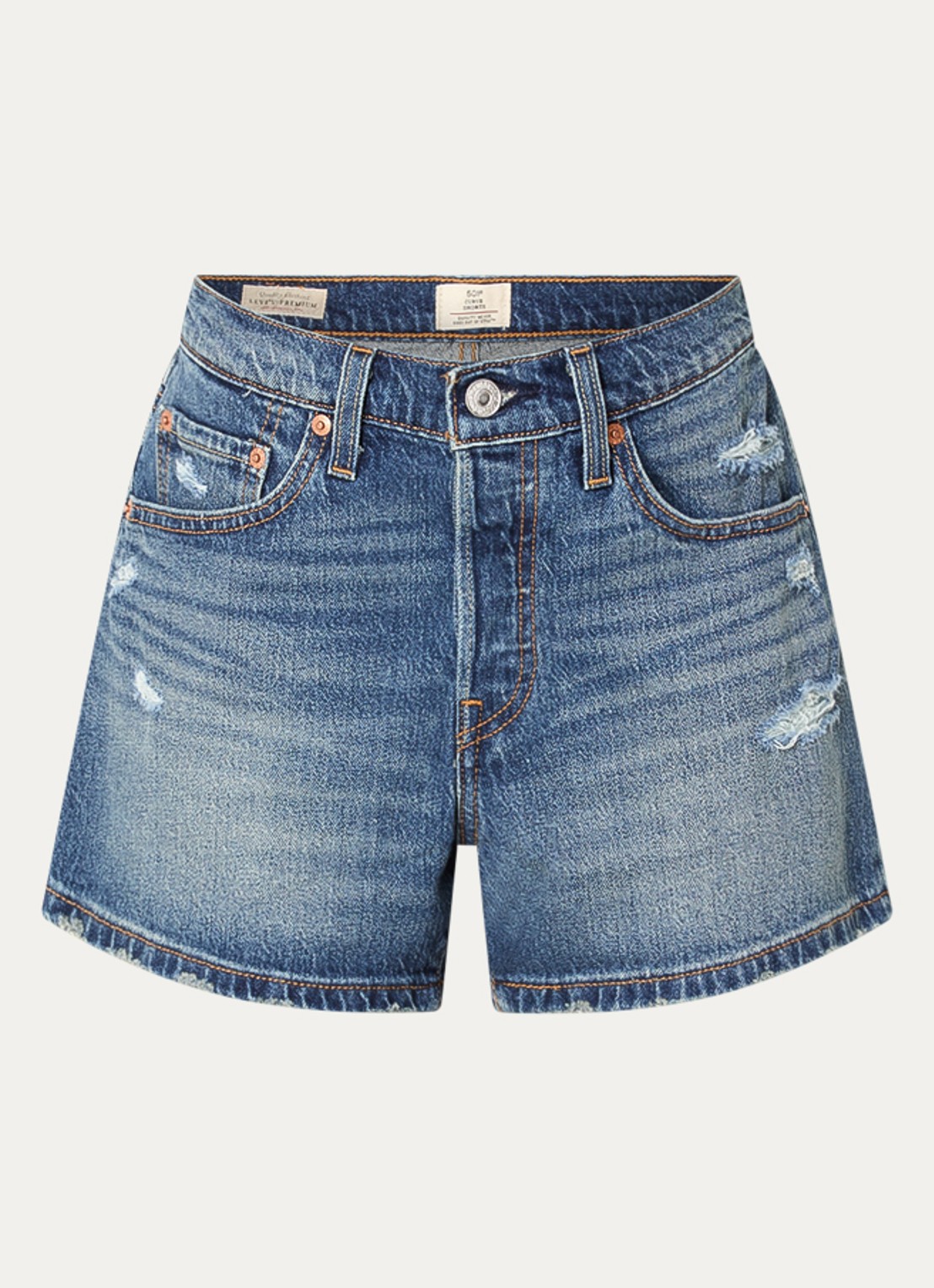 Levi's 501 Curve mid waist straight fit korte broek van denim met destroyed afwerking - voorkant indigo