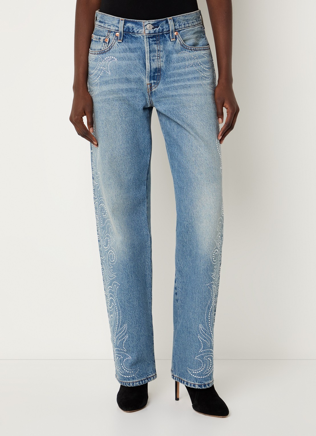Levi's 501 high waist tapered jeans met strass - detail indigo