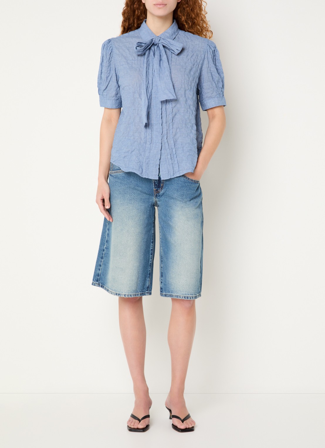 Levi's Blouse in zijdeblend met pied-de-poule dessin  - voorkant 2 staalblauw
