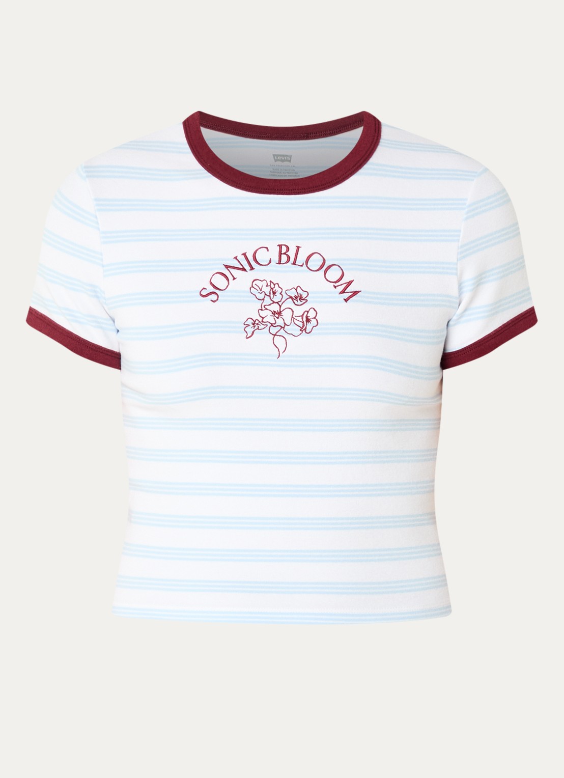 Levi's Cropped T-shirt met streepprint en borduring - voorkant lichtblauw