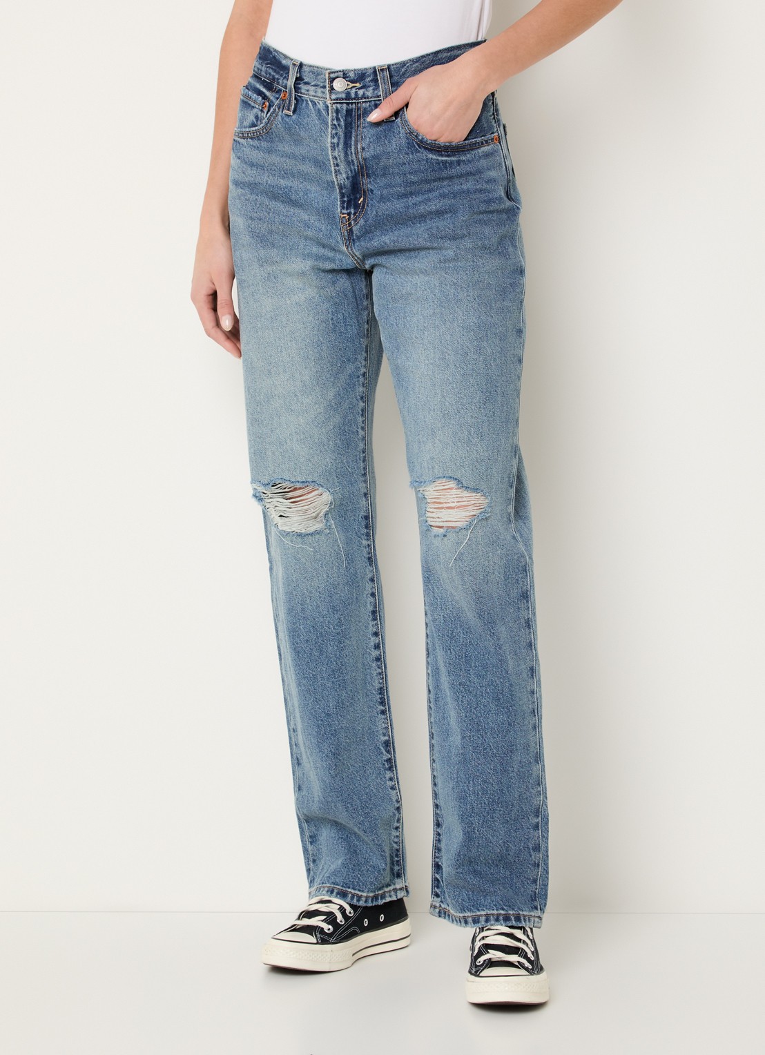 Levi's Easy Dad high waist straight leg jeans met destroyed afwerking - detail indigo