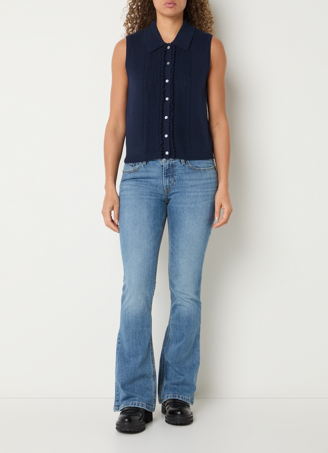 Levi's Fijngebreid gilet met ruches - voorkant 3 donkerblauw