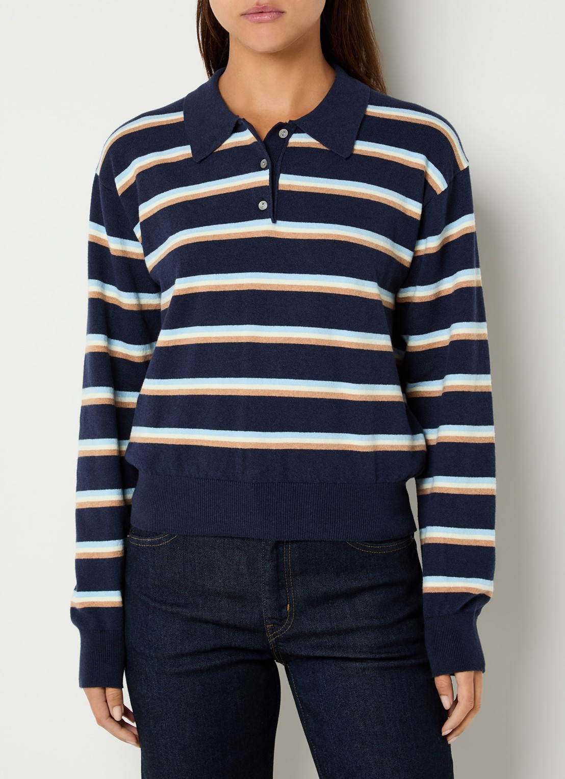 Levi's Fijngebreide pullover met streepprint en polokraag - detail donkerblauw