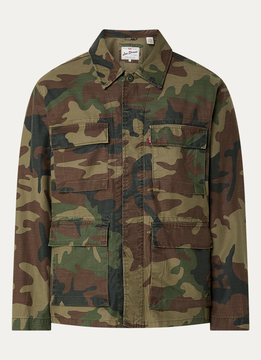 Levi's Frisko jack met camouflageprint en klepzakken - voorkant 3 legergroen