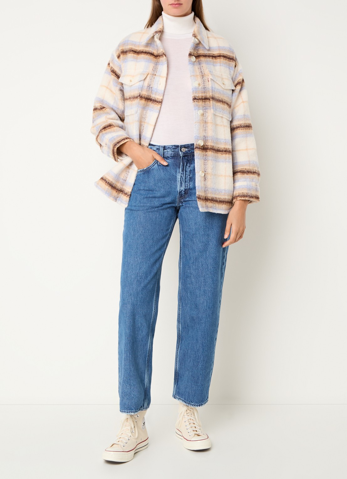 Levi's Lola overshirt in wolblend met ruitdessin en borstzakken - voorkant 3 beige
