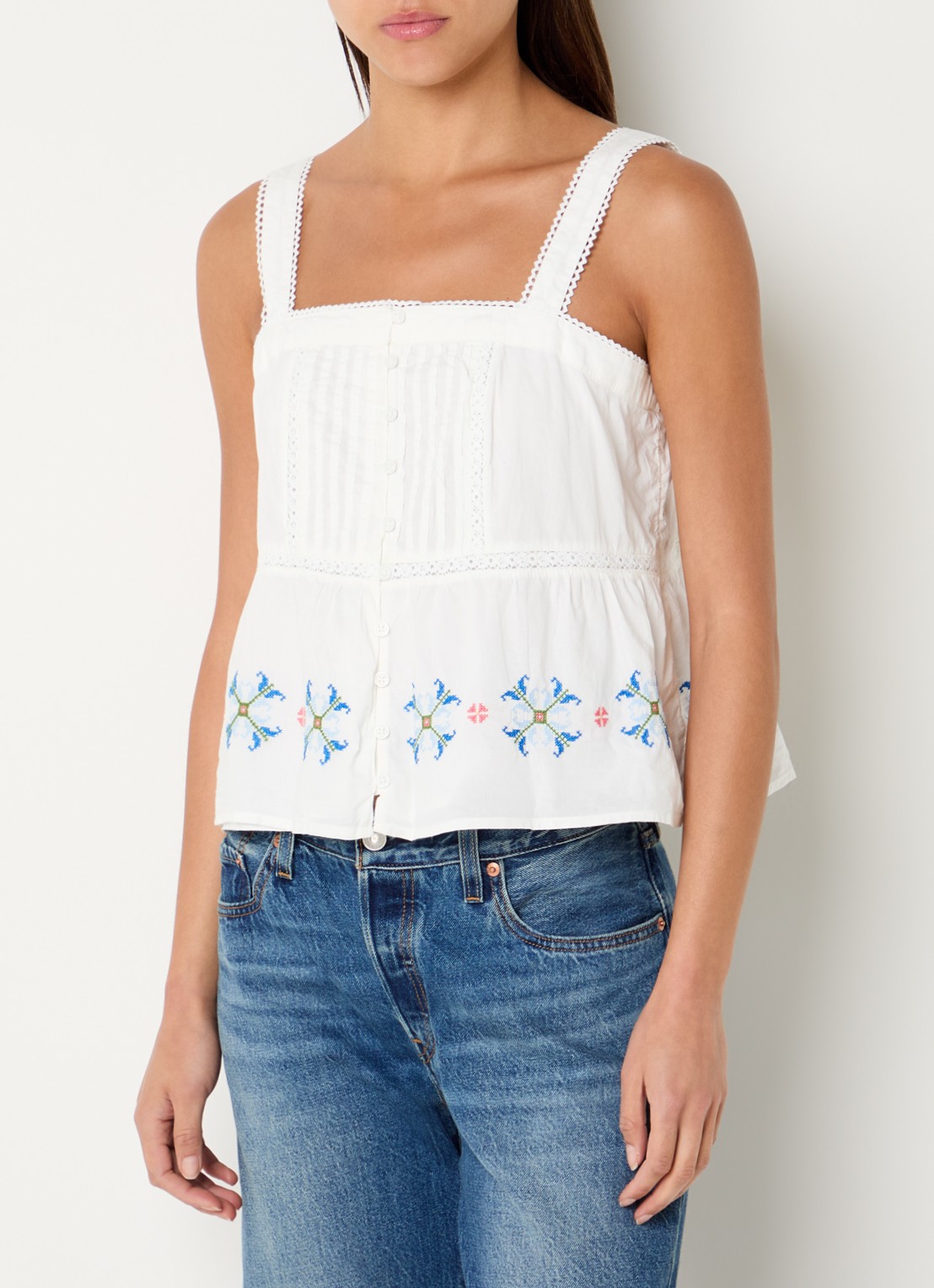 Levi's Mimi mouwloze top met borduring en details van kant - detail wit