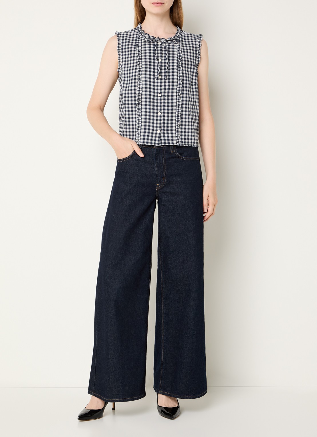 Levi's Mouwloze blouse met ruches en ruitdessin - voorkant 2 donkerblauw