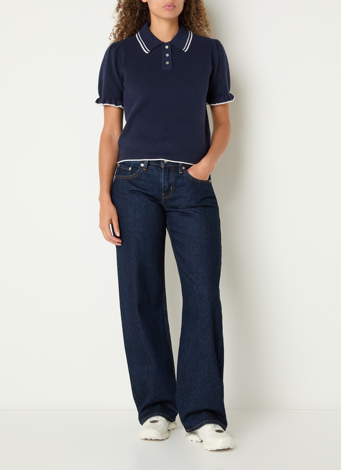 Levi's Ribgebreide trui met pofmouw en polokraag - voorkant 2 donkerblauw