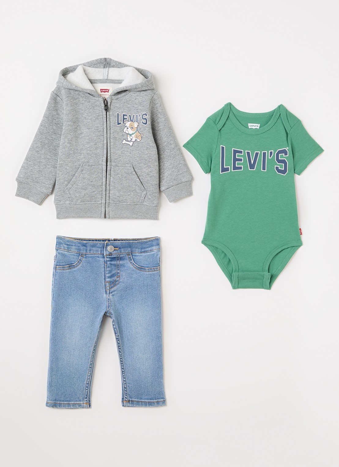 Levi's Set van slim fit jeans met sweatvest en romper 3-delig - voorkant groen