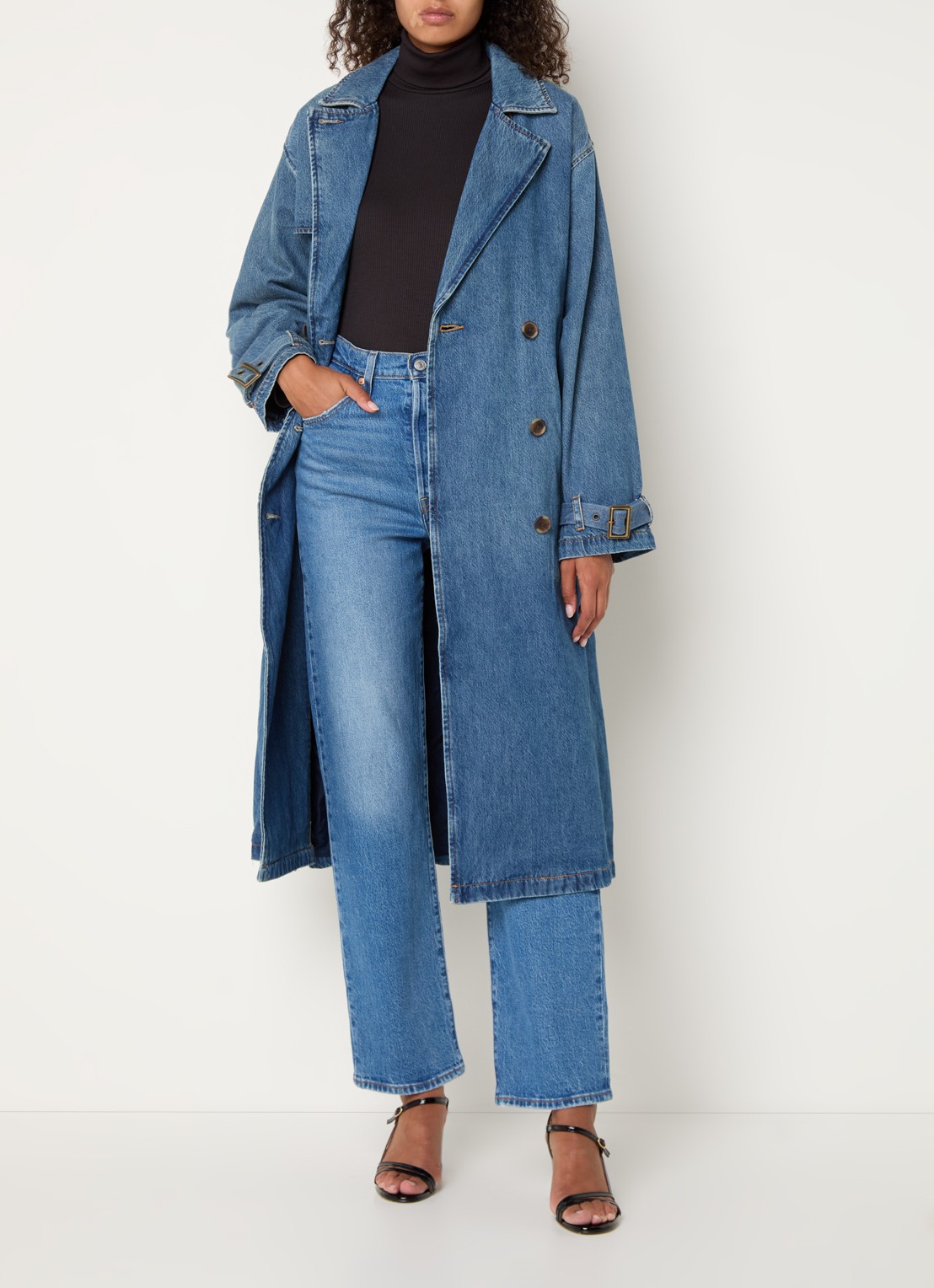 Levi's Spade double-breasted trenchcoat van denim met strikceintuur - voorkant 3 blauw