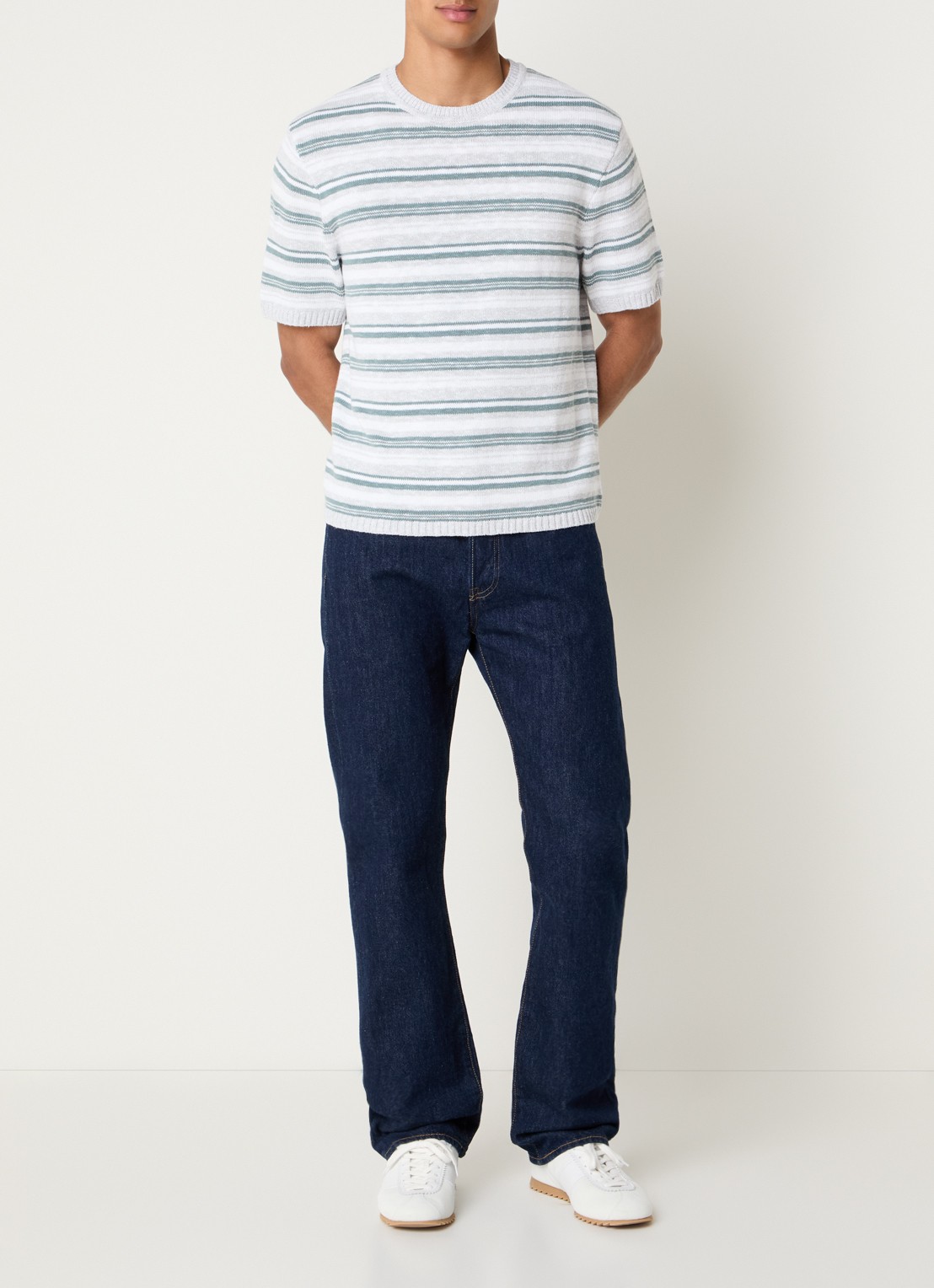 Levi's Stinson grofgebreide trui in linnenblend met streepprint - voorkant 2 groen