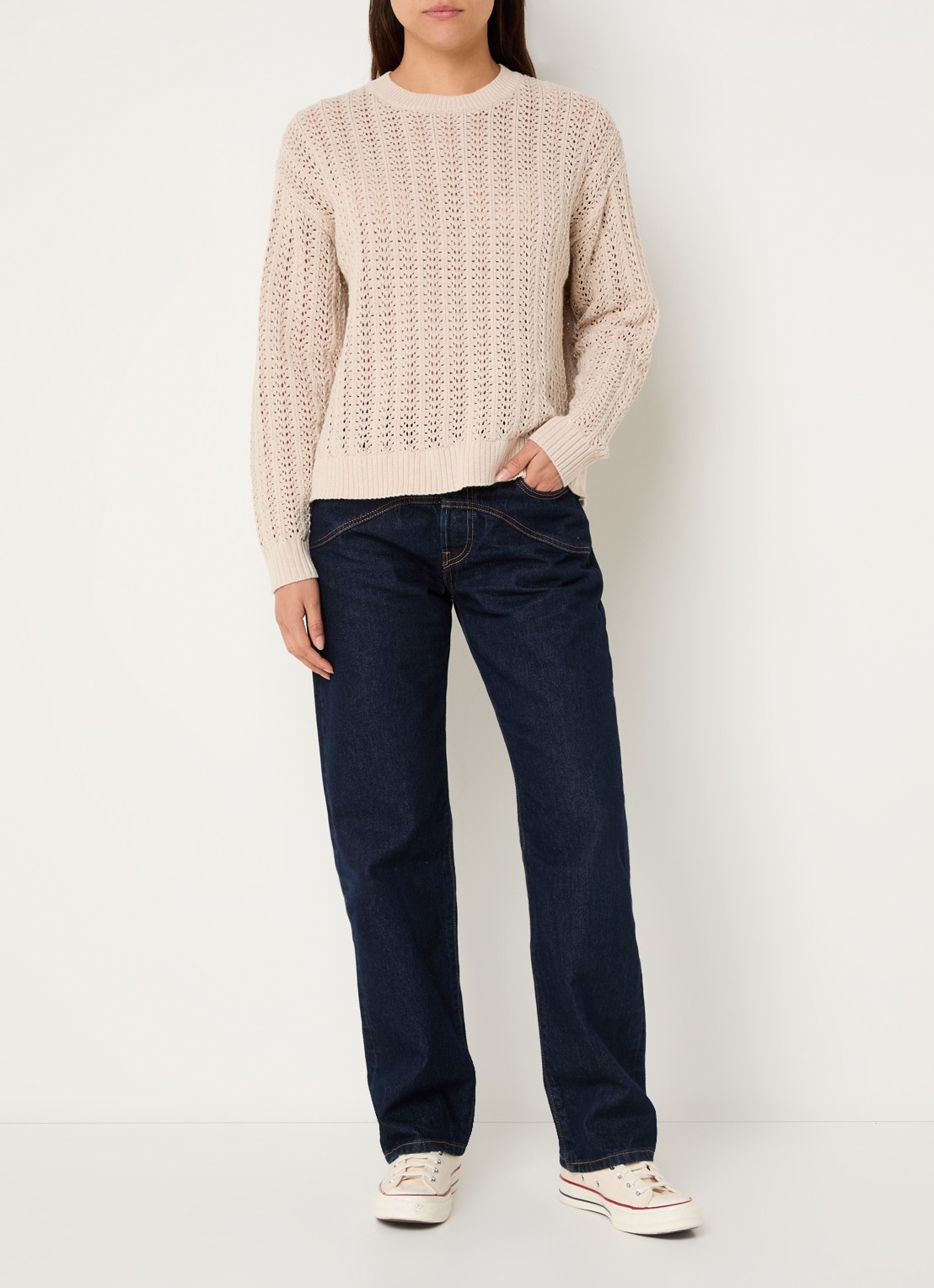 Levi's Sunrise grofgebreide trui in linnenblend met opengewerkt dessin - voorkant 3 beige