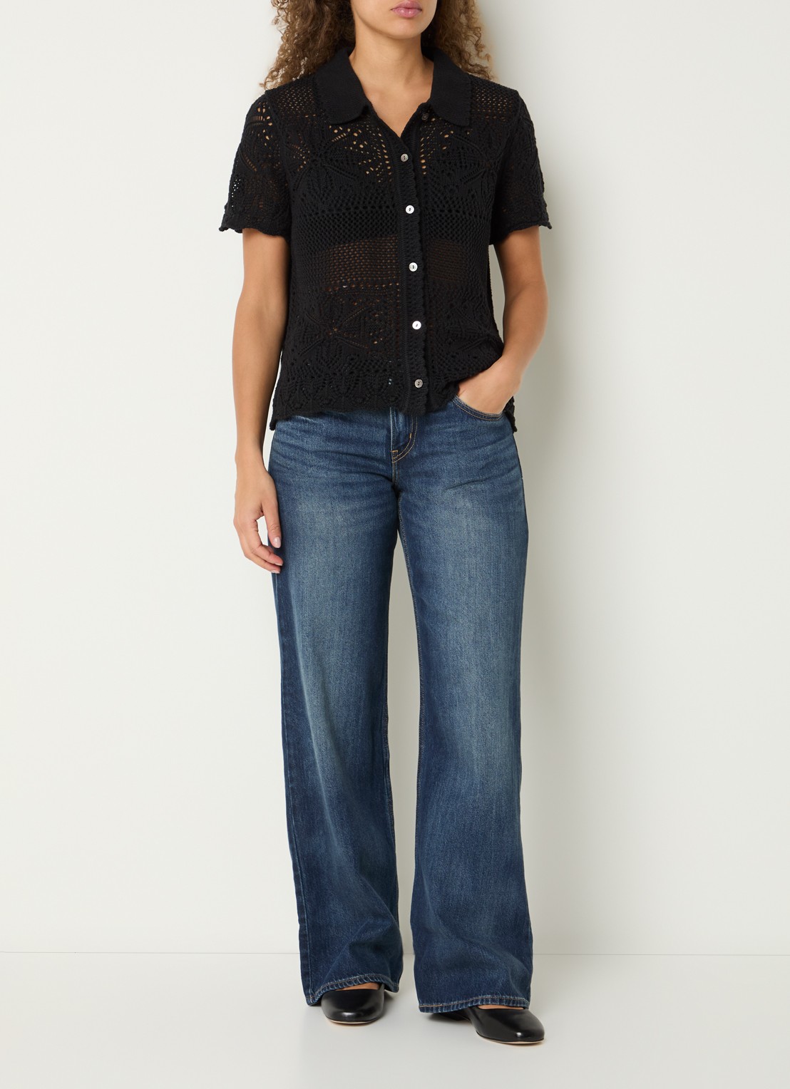 Levi's Susanna fijngebreide blouse met opengewerkt dessin - voorkant 2 zwart