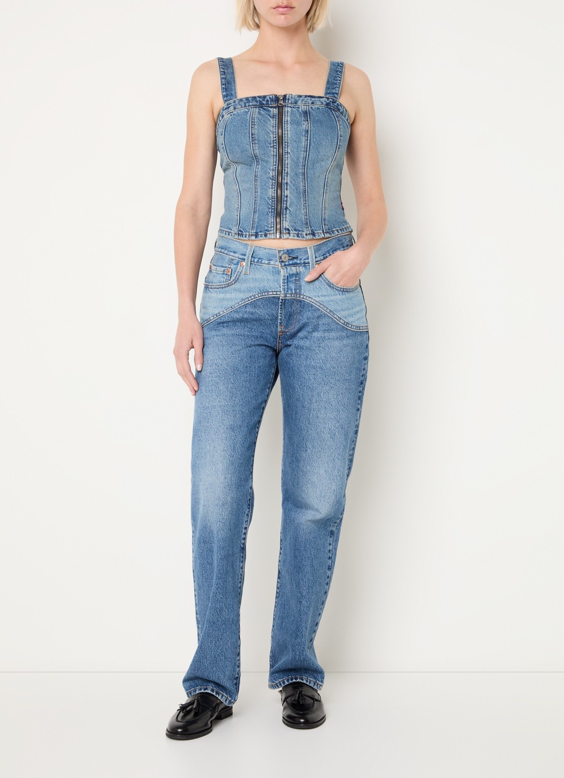 Levi's Tanktop van denim met smockwerk - voorkant 2 indigo
