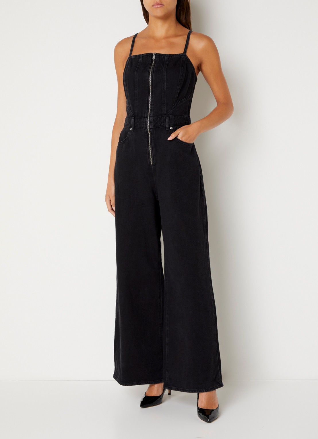Levi's Wide fit jumpsuit van denim met steekzakken - voorkant 4 antraciet