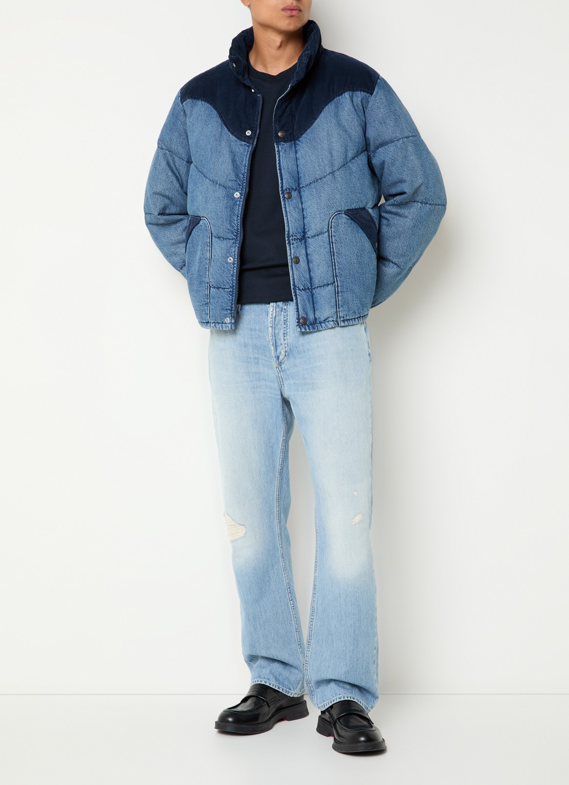 Levi's Wild West puffer jack van denim met details van corduroy - voorkant 3 indigo