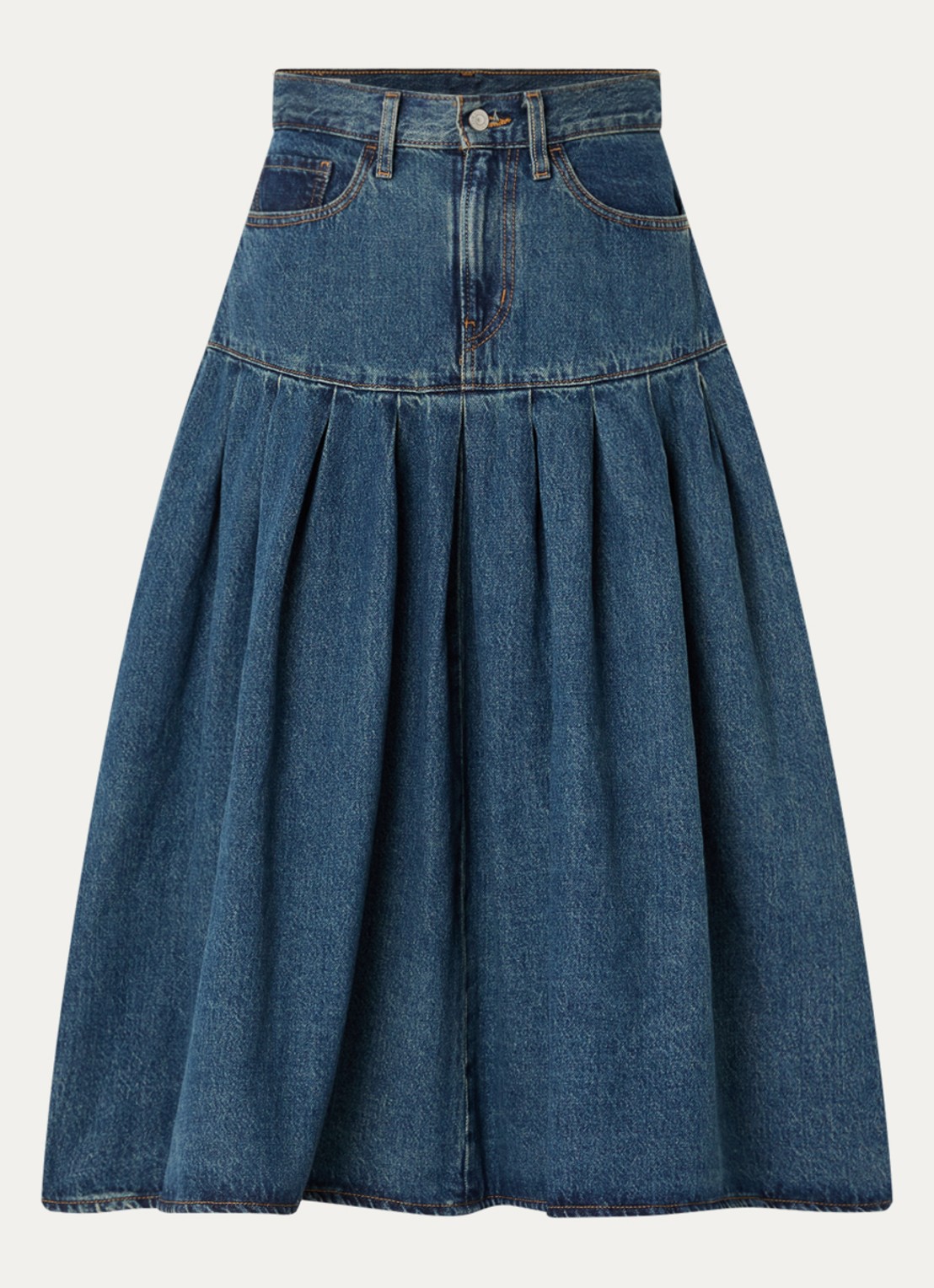 Levi's Yoked midi spijkerrok met plooidetail - voorkant indigo