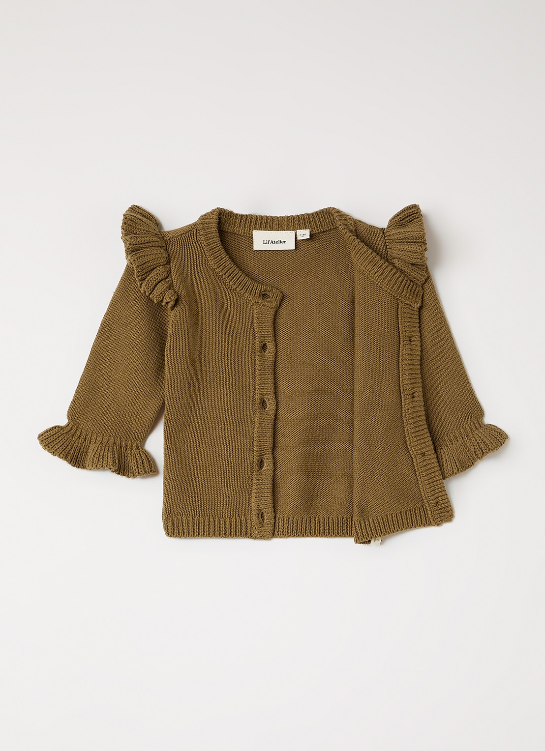 Lil 'Atelier NBFKopa grofgebreid vest met volant - voorkant 2 mosgroen