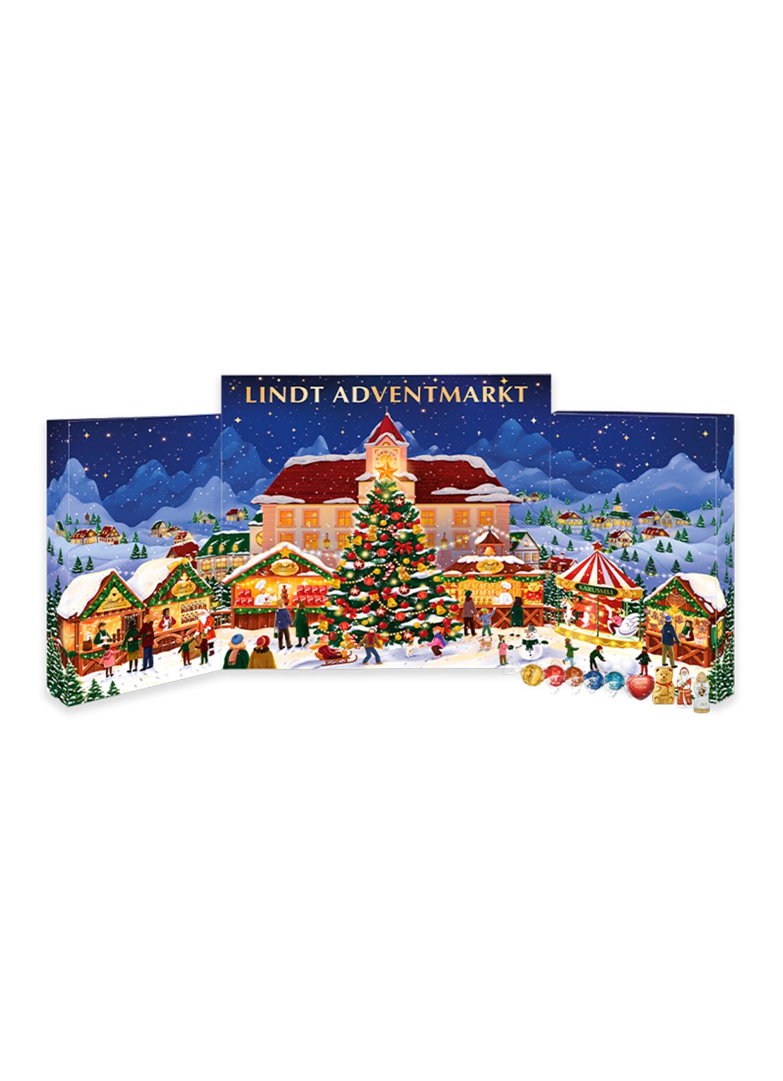 Lindt Kerstmarkt adventskalender met chocolade - 24 dagen - voorkant 2 donkerblauw