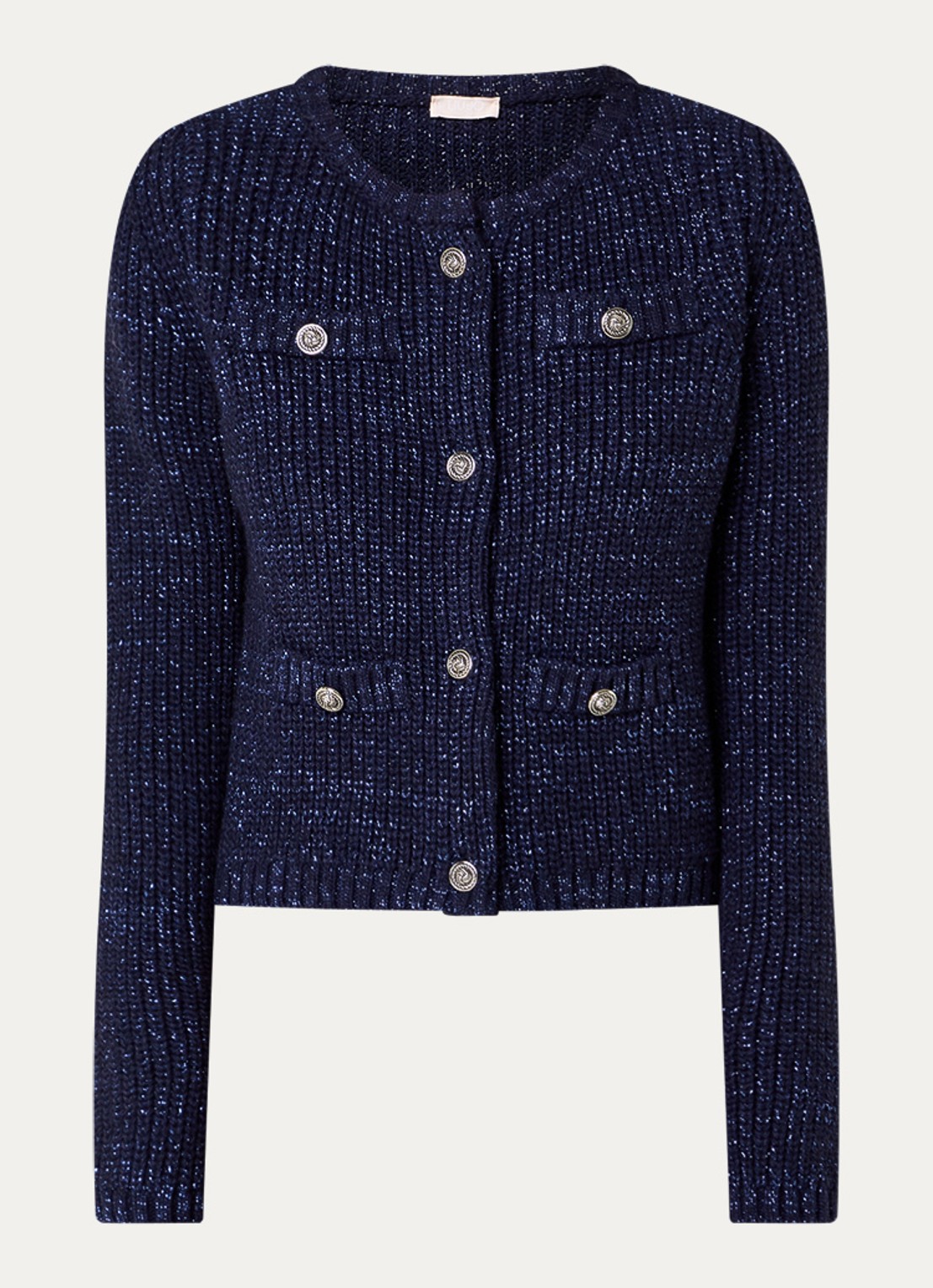 Liu Jo Aperta grofgebreid vest in wolblend met sierknopen en lurex - voorkant 3 donkerblauw