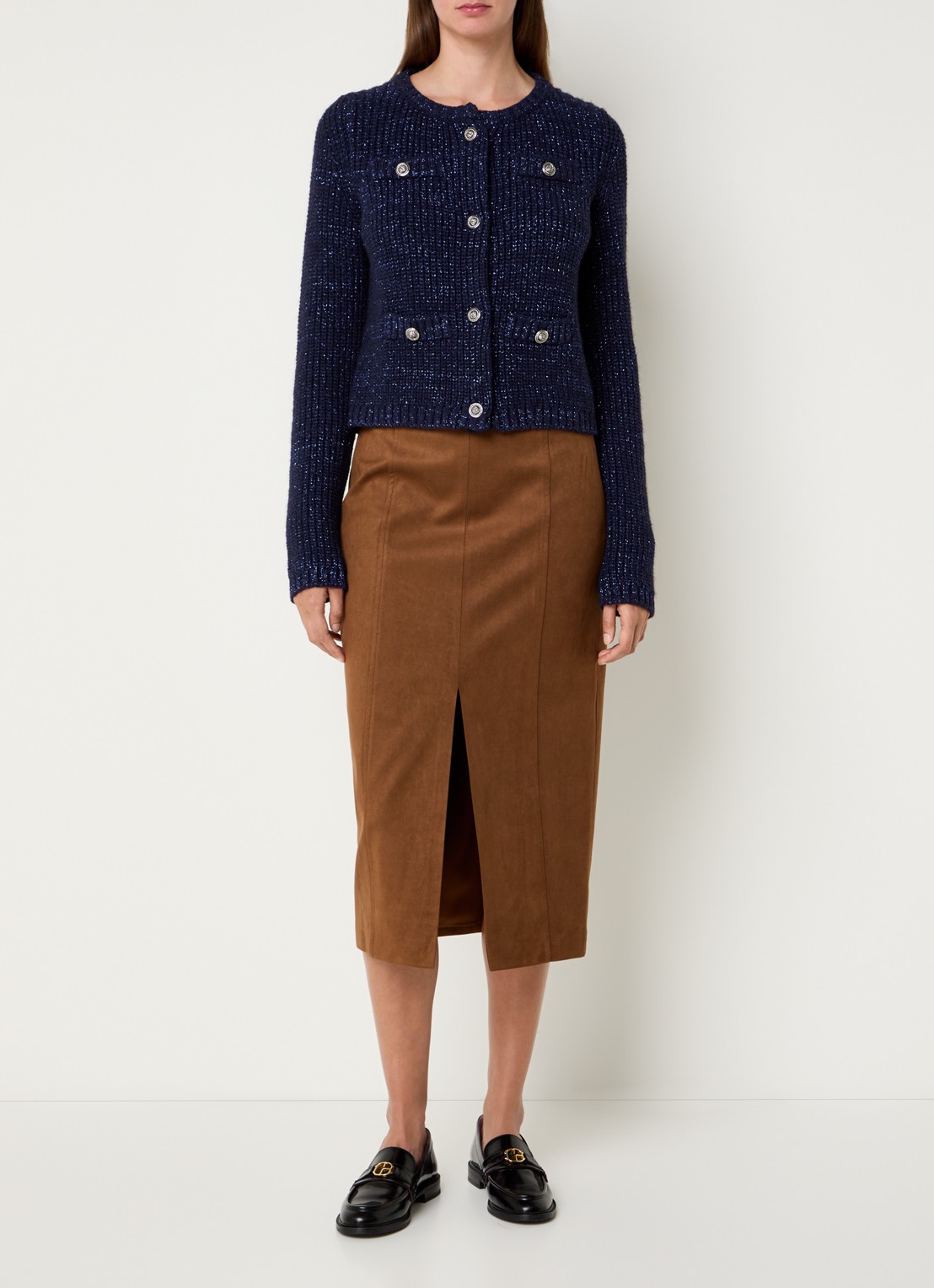 Liu Jo Aperta grofgebreid vest in wolblend met sierknopen en lurex - voorkant 4 donkerblauw