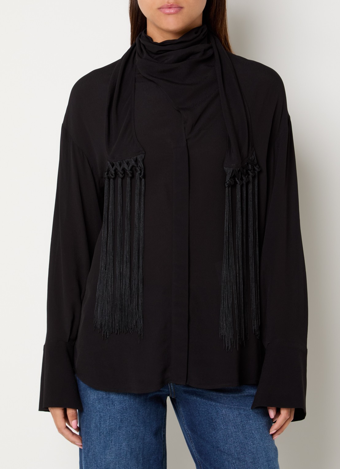 Liu Jo Blouse met sjaalkraag en franjes - detail 4 zwart