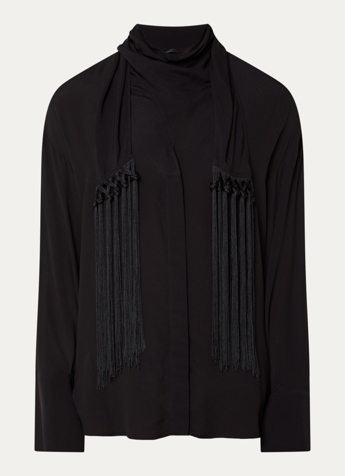 Liu Jo Blouse met sjaalkraag en franjes - voorkant 2 zwart