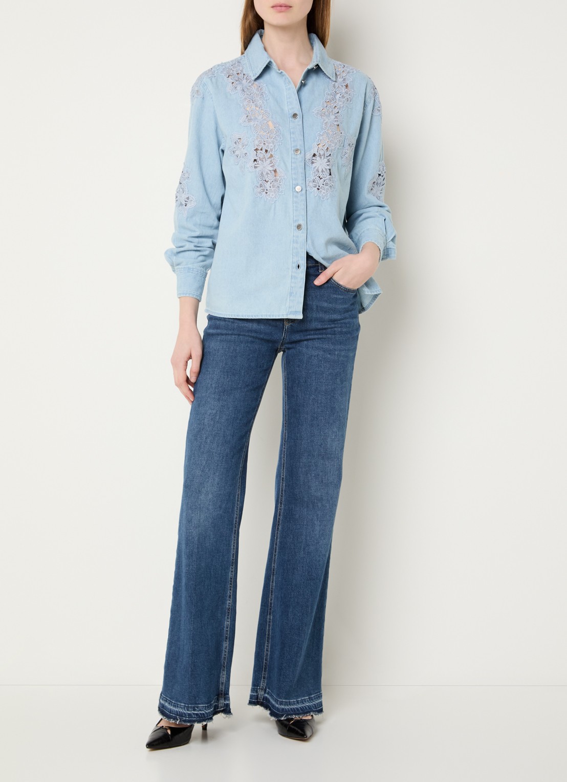 Liu Jo Blouse van chambray met broderie - voorkant 2 indigo