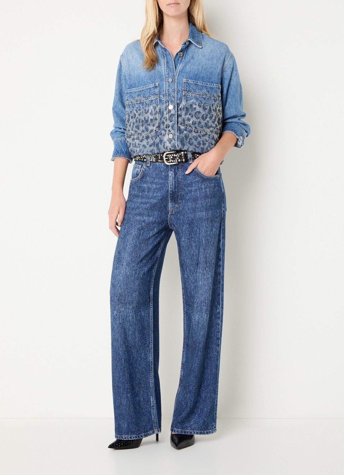 Liu Jo Blouse van denim met strass - voorkant 2 indigo