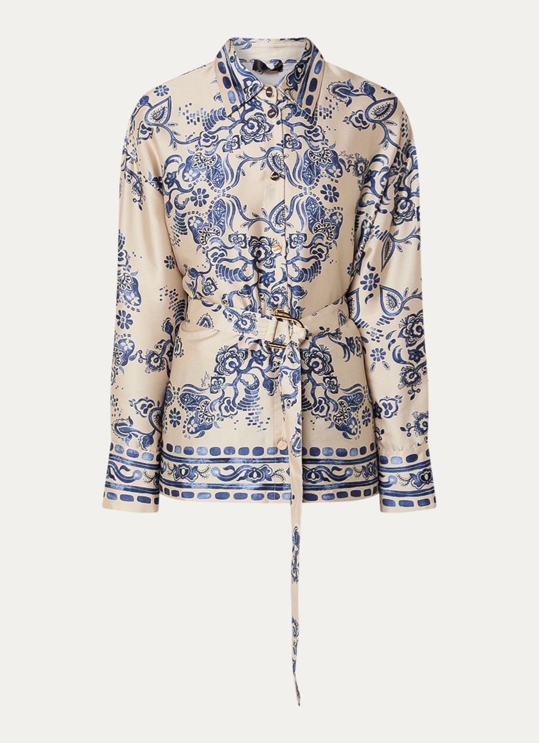 Liu Jo Blouse van satijn met bloemenprint en strikceintuur - voorkant 2 beige