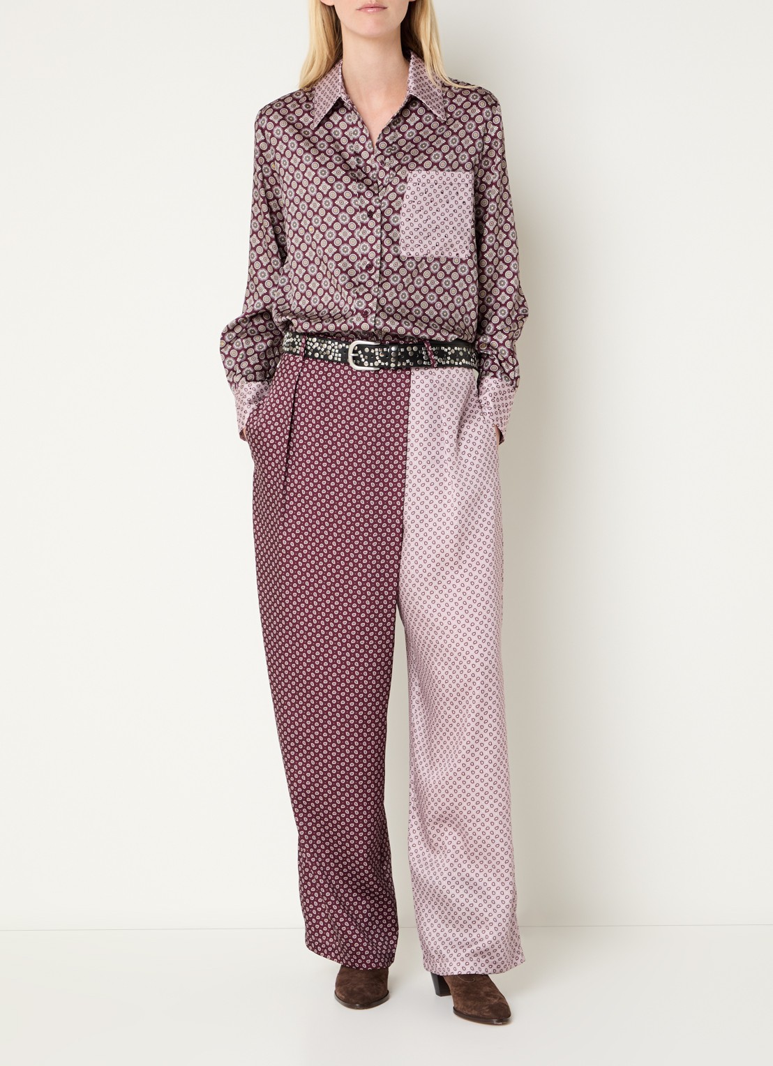 Liu Jo Blouse van satijn met print - voorkant 4 aubergine