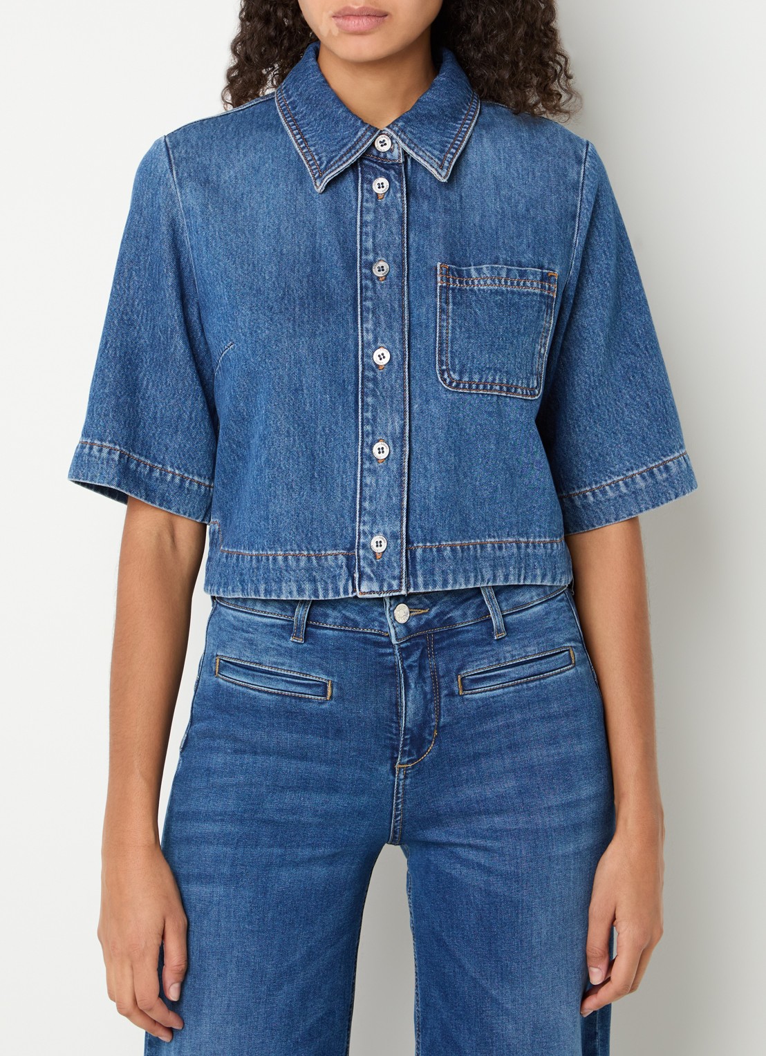 Liu Jo Cropped blouse van denim met borstzak - detail indigo