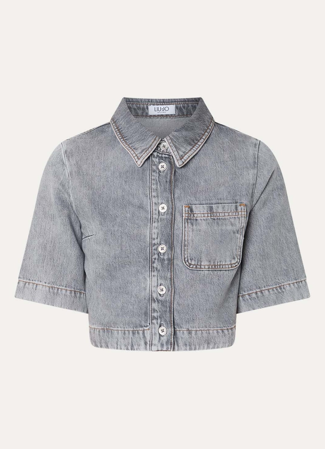 Liu Jo Cropped blouse van denim met borstzak - voorkant lichtgrijs