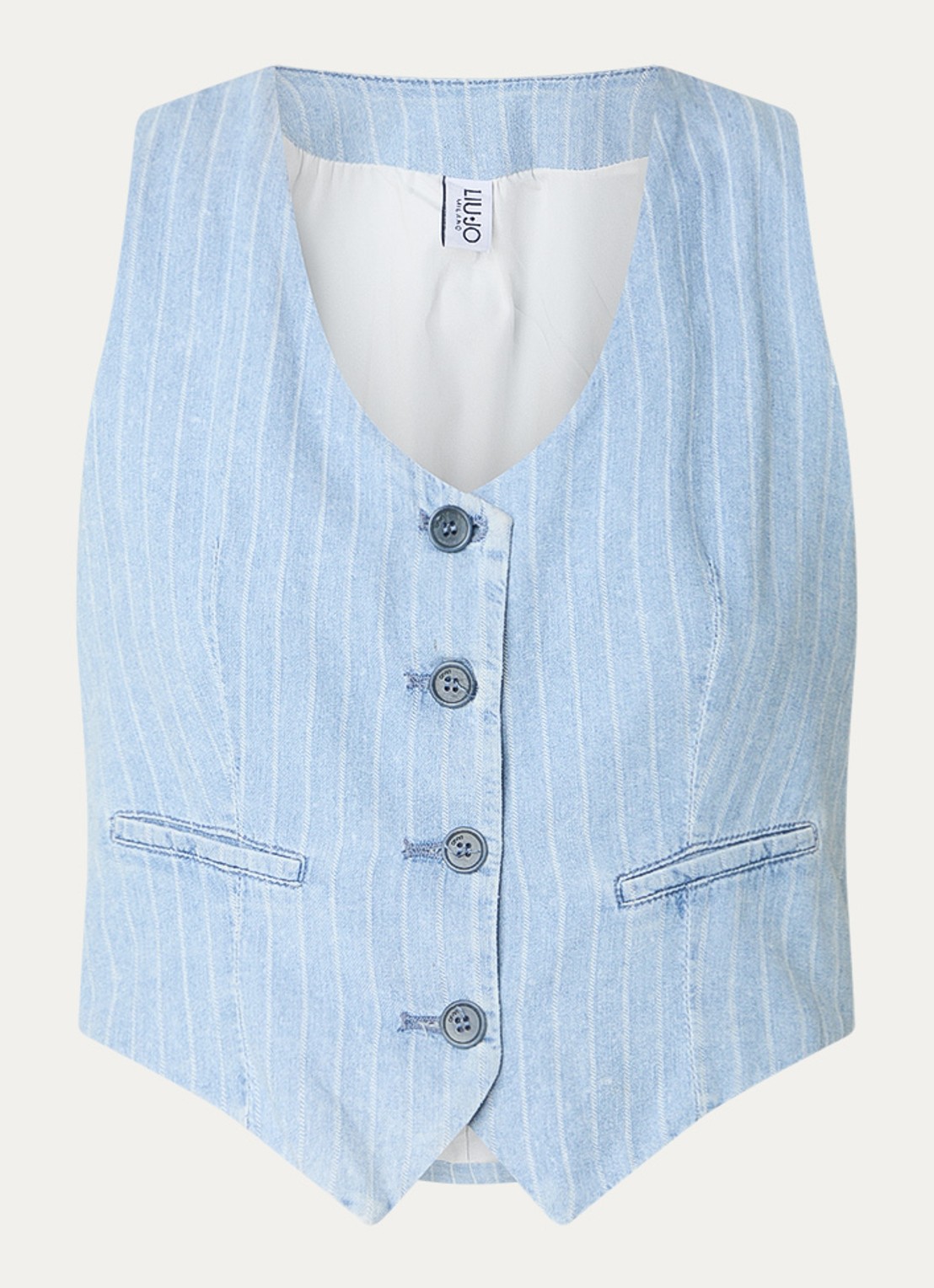 Liu Jo Cropped gilet met krijtstreep en V-hals  - voorkant 2 indigo