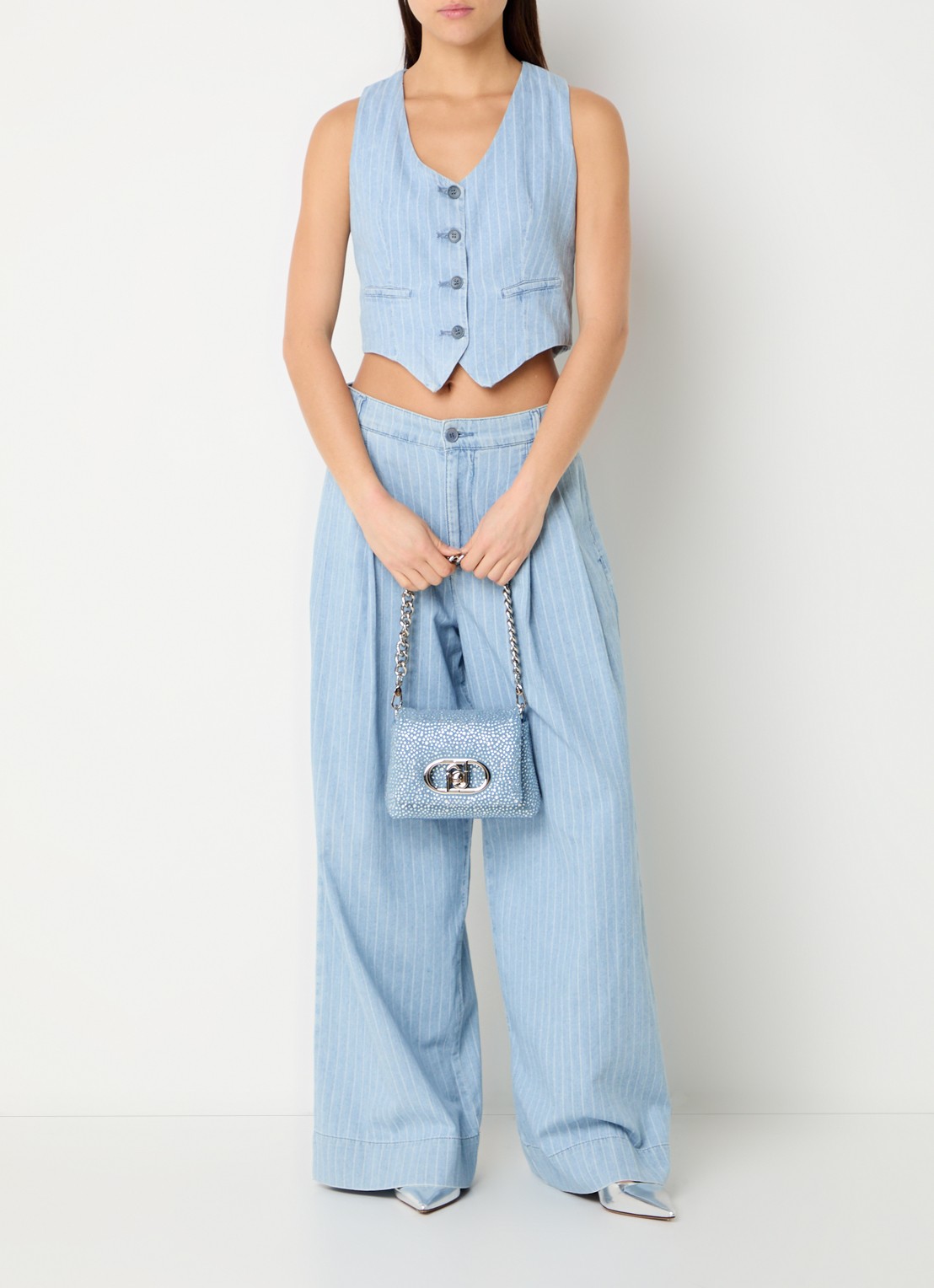Liu Jo Cropped gilet met krijtstreep en V-hals  - voorkant 3 indigo