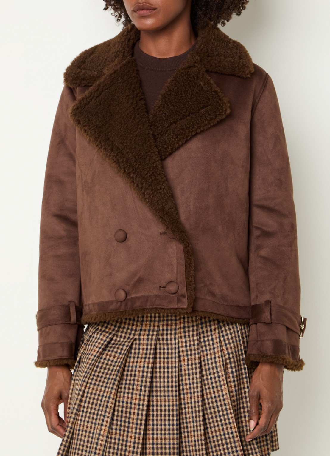 Liu Jo Double-breasted lammy coat van imitatiesuède met teddy voering - detail 3 chocoladebruin