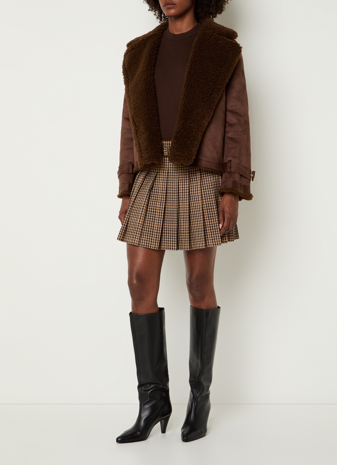 Liu Jo Double-breasted lammy coat van imitatiesuède met teddy voering - voorkant 2 chocoladebruin