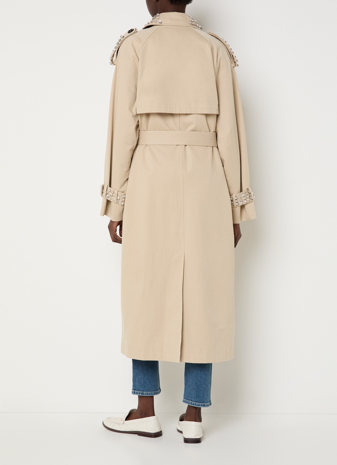 Liu Jo Double-breasted trenchcoat met strass en strikceintuur - achterkant khaki