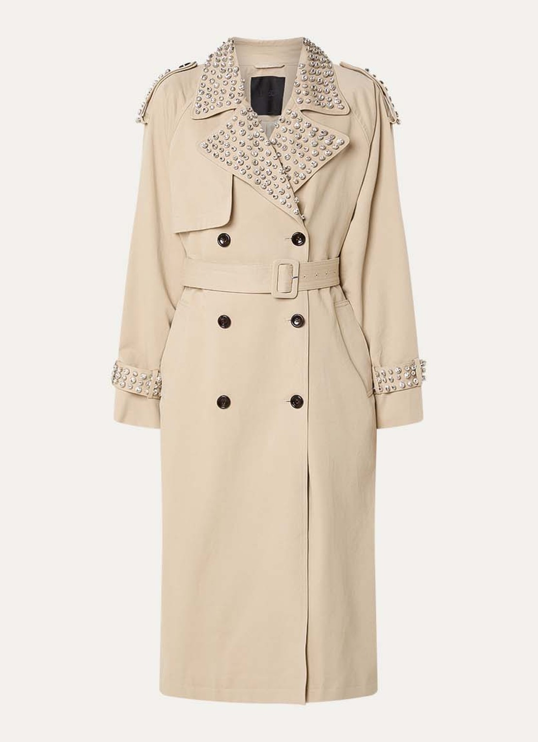 Liu Jo Double-breasted trenchcoat met strass en strikceintuur - voorkant 2 khaki