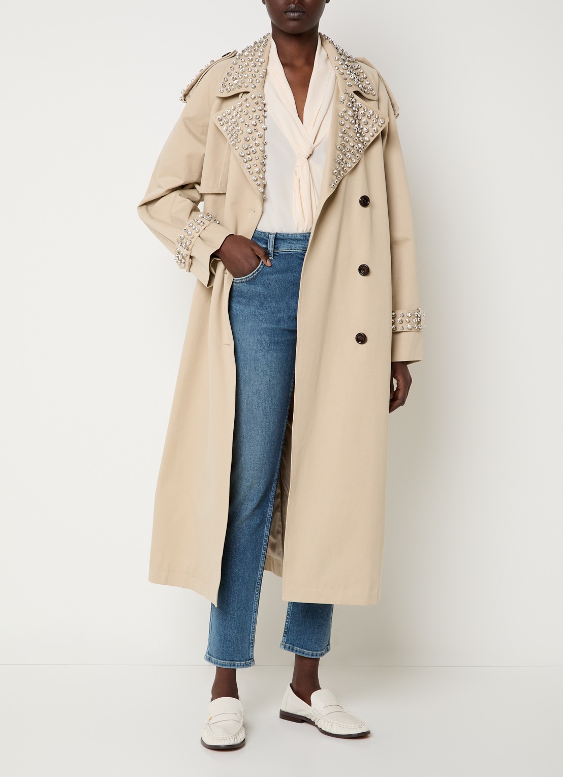 Liu Jo Double-breasted trenchcoat met strass en strikceintuur - voorkant 3 khaki